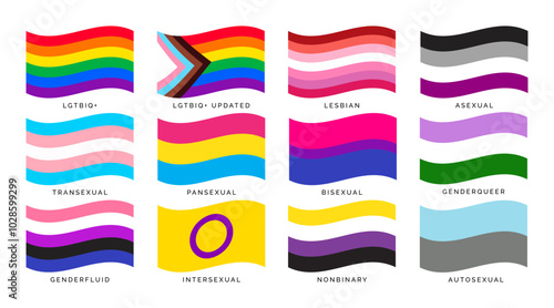 LGBTQ flags flat vector set. Collection of LGBTQ pride flags in flat style