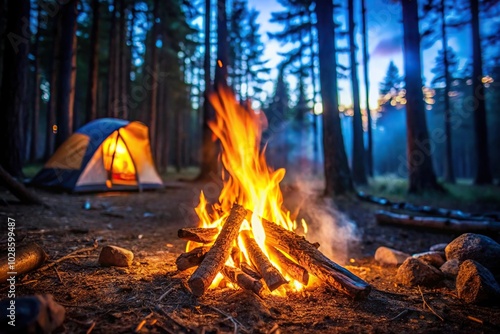 Night camp with campfire fire flames in the forest Extreme Close-Up photo