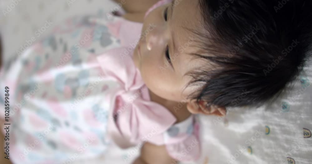 Newborn Asian baby in crib looking at camera.