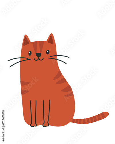 Cute ginger cat with big eyes and stripes on the tail, in children's cartoon style