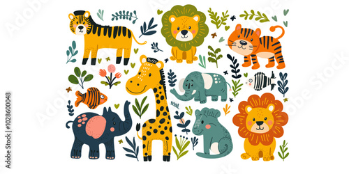 Cute Cartoon Animal Set for Kids' Prints. Fun Cartoon Animals for Children's Products.