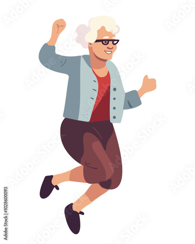 Happy elderly woman joyfully dancing or jumping on a white background, symbolizing vitality, energy and a positive outlook on aging