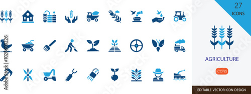 Agriculture solid vector icon set. containing  crops, harvest, soil, apple, garden plants, agriculture tractor and more vector art