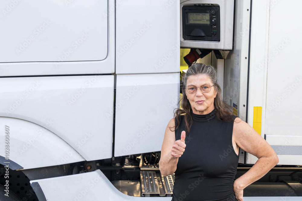 Attraktive ältere Fahrerin eines LKW zeigt nach Kontrolle des Kühlaggregates Daumen hoch