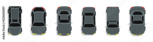 Car top view vector icons. Top view of cars in various models