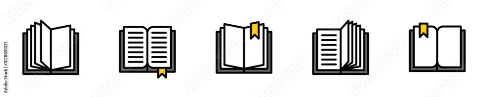 Book with bookmark vector icon set. Icons of books with bookmarks Book with bookmark vector icon set. Icons of books with bookmarks