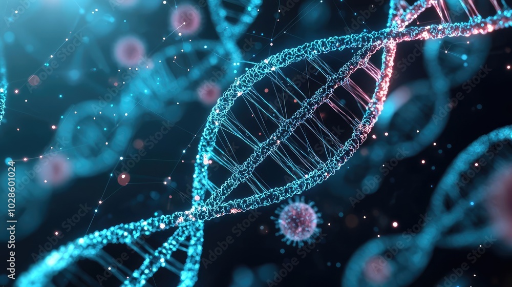 Abstract DNA helix structure with glowing elements on a dark background. Abstract DNA helix structure with glowing elements on a dark background.
