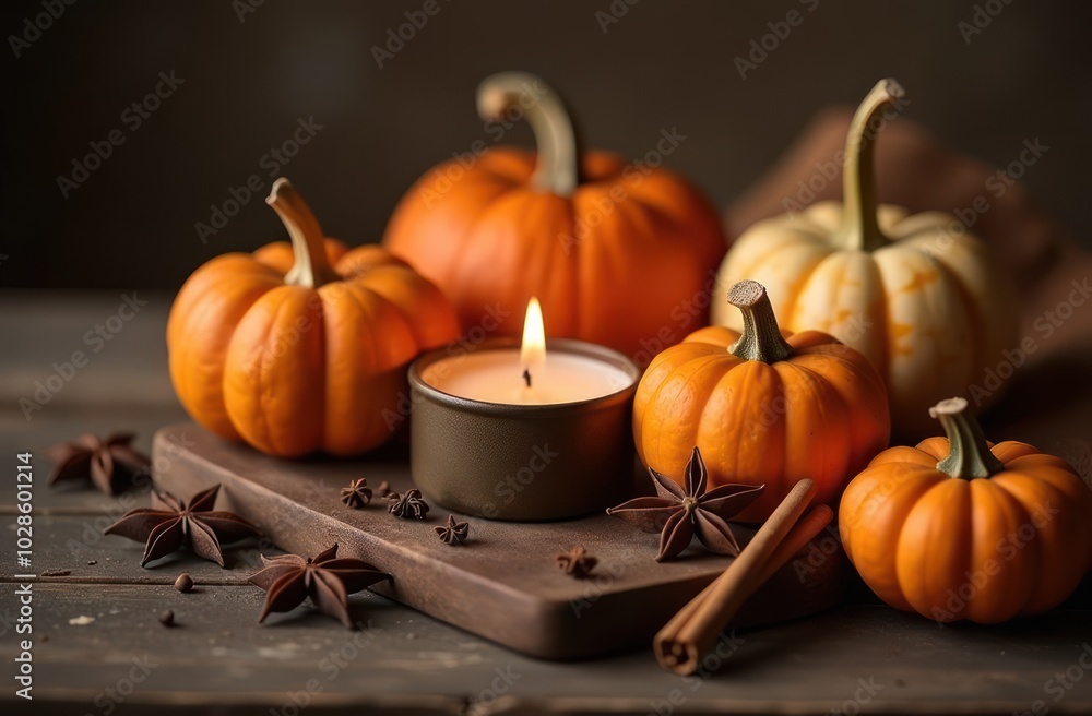 Autumn still life image with lit candles, pumpkins, and various spices on a rustic wooden background. Autumn still life image with lit candles, pumpkins, and various spices on a rustic wooden background.