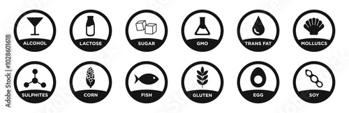Nutrition icons, alcohol, lactose, sugar, gmo, flat vector icon set