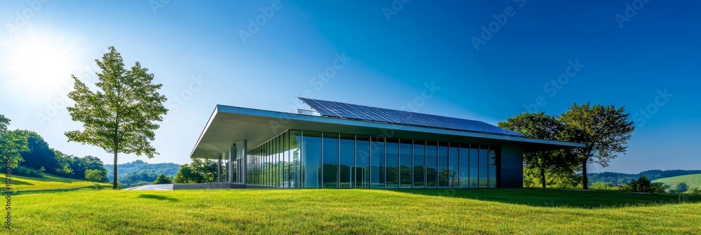 Modern green data center with solar panels in a sunny environment