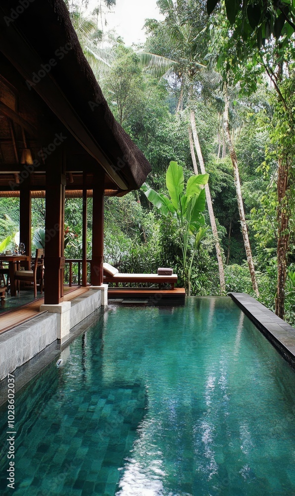 Poolside tropical oasis with jungle views. Poolside tropical oasis with jungle views.