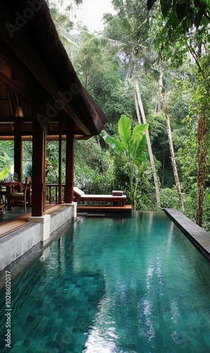 Poolside tropical oasis with jungle views.