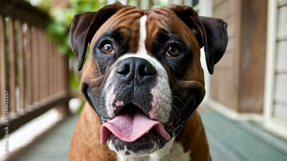 Smiling Boxer Dog with Tongue Out Standing on Porch Smiling Boxer Dog with Tongue Out Standing on Porch