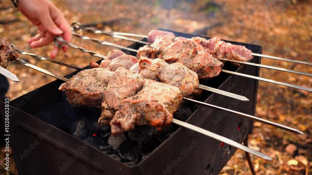 Grilled marinated caucasus shashlik: juicy marinated pork kebabs on metal skewers sizzling over an open flame, with smoke rising in the air, creating a delicious outdoor barbecue in the autumn woods Grilled marinated caucasus shashlik: juicy marinated pork kebabs on metal skewers sizzling over an open flame, with smoke rising in the air, creating a delicious outdoor barbecue in the autumn woods