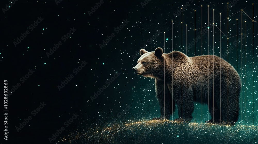 A brown bear stands atop a hill, gazing up at the star-filled night sky and twinkling lights below A brown bear stands atop a hill, gazing up at the star-filled night sky and twinkling lights below