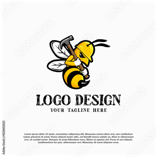 yellow bee with hammer logo design company modern