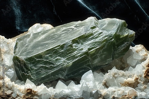 Amphibole stone resting on black velvet with a textured crystal backdrop photo