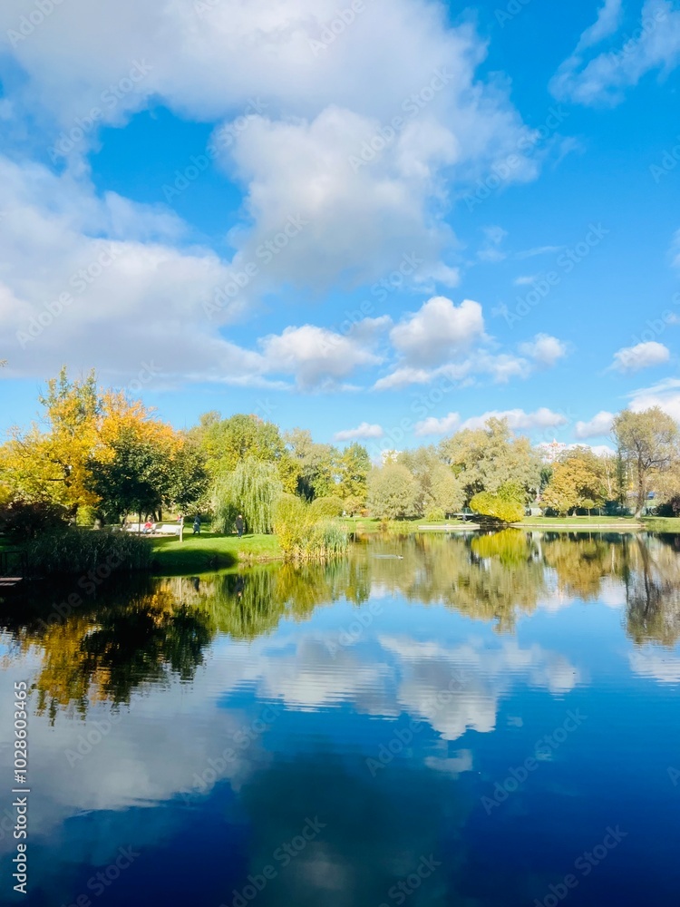 Fototapeta premium autumn trees reflection on the lake surface, blue lake reflection, golden autumn, lake in the park with quiet water as a mirror 