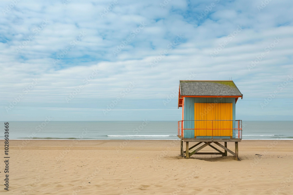 Generated with AI close up photo of lifeguard house on sandy beach Generated with AI close up photo of lifeguard house on sandy beach