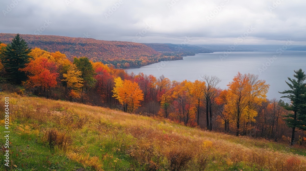 Fall Foliage and Lake View with Overcast Sky Fall Foliage and Lake View with Overcast Sky