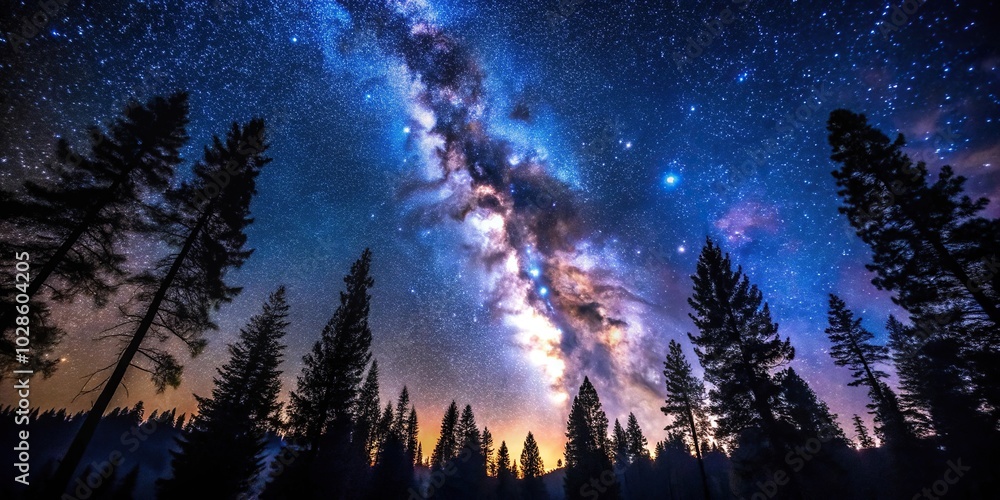 Night sky with stars and Milky Way seen through silhouette of tall trees Night sky with stars and Milky Way seen through silhouette of tall trees