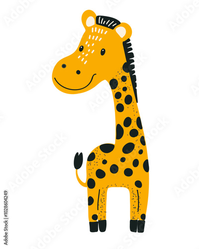 Cute cartoon giraffe with bright spots and a smile — children's vector illustration