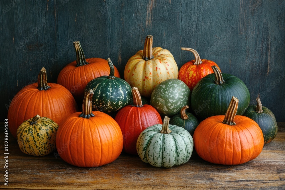 A vibrant assortment of various pumpkins arranged on a wooden table A vibrant assortment of various pumpkins arranged on a wooden table