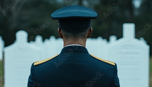 A solemn soldier in uniform stands facing white tombstones, reflecting on sacrifice and remembrance in a peaceful cemetery.