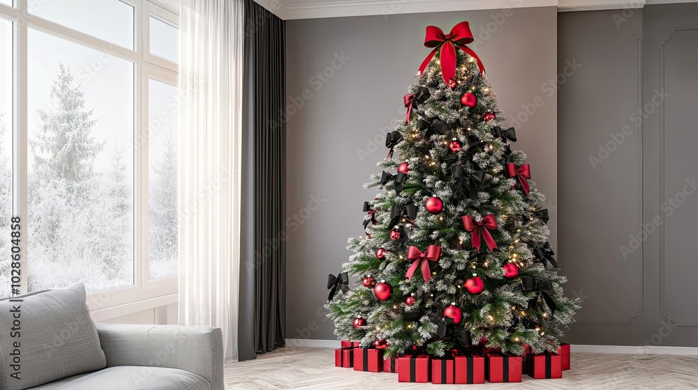 Decorated Christmas Tree with Red Ornaments and a Large Red Bow Decorated Christmas Tree with Red Ornaments and a Large Red Bow