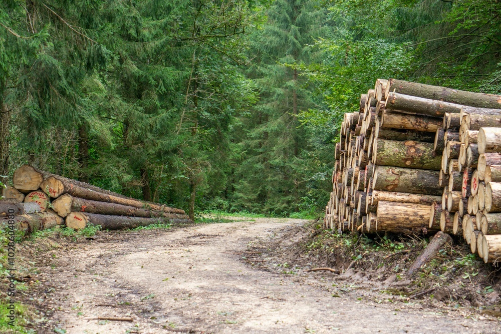 Serene forest path with stacked logs on either side, surrounded by lush green trees Serene forest path with stacked logs on either side, surrounded by lush green trees