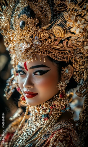 Woman in elaborate gold jewelry with red lipstick.