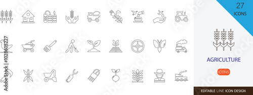 Agriculture line  icon vector  set. containing  crops, harvest, soil, apple, garden plants, agriculture tractor and more stroke art