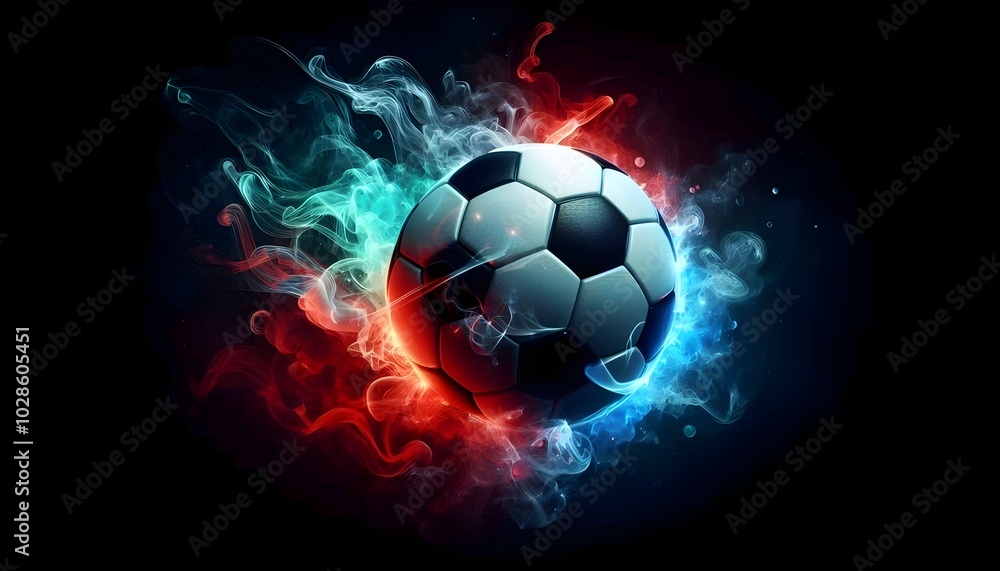 Naklejka premium digital painting of a soccer ball emitting red blue green smoke, black background