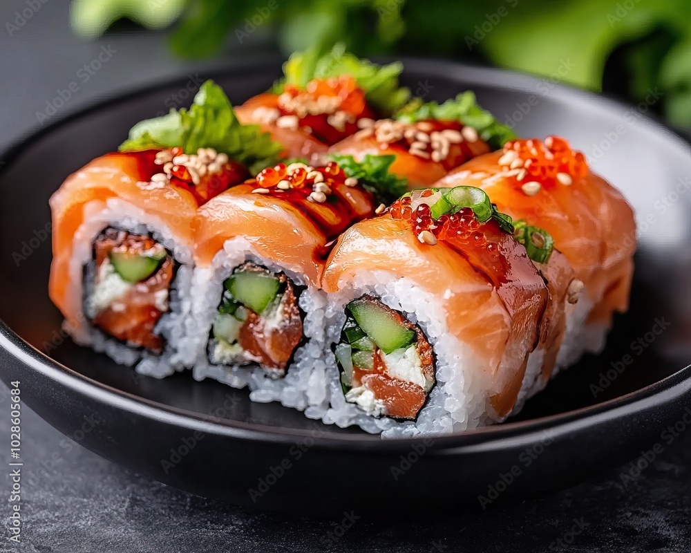 Delicious sushi roll with salmon, avocado, and creamy sauce on a dark plate. Delicious sushi roll with salmon, avocado, and creamy sauce on a dark plate.