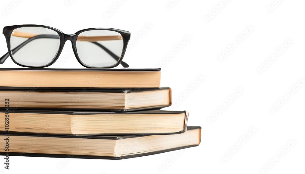 Stack of books with glasses on top, isolated on transparent background. Stack of books with glasses on top, isolated on transparent background.
