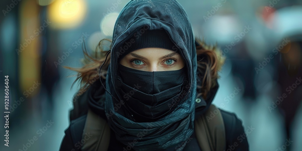 Woman thief in mask and hood close-up Woman thief in mask and hood close-up