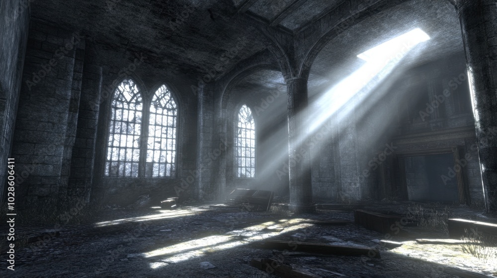 Fototapeta premium Sunlight Streaming in Abandoned Gothic Interior