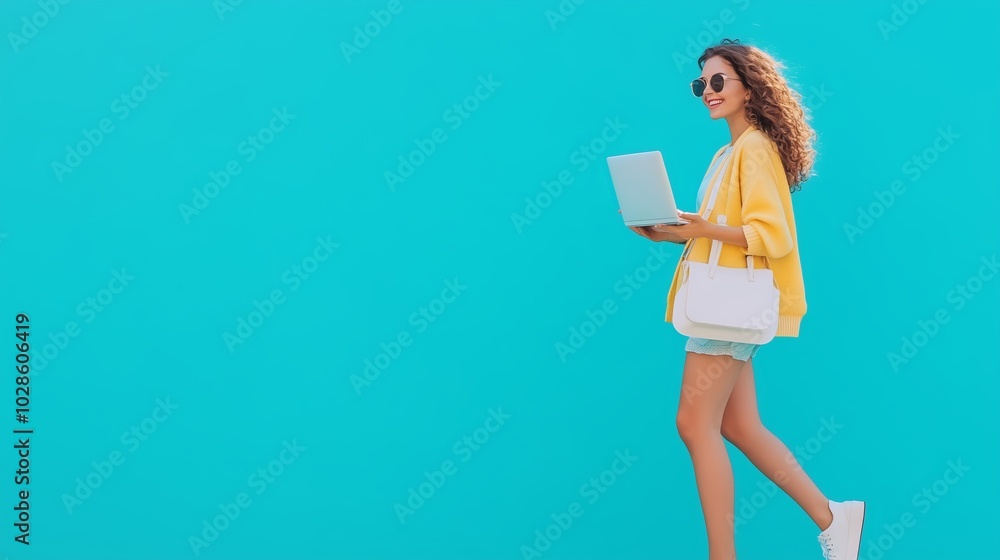 Young woman walking on a vibrant turquoise background while using a laptop and carrying a white bag on a sunny day Young woman walking on a vibrant turquoise background while using a laptop and carrying a white bag on a sunny day