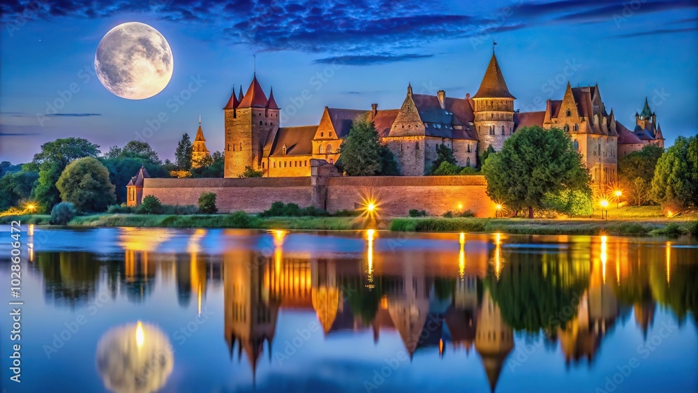 Night view of Malbork Castle with full moon reflection on the Nogat river Night view of Malbork Castle with full moon reflection on the Nogat river