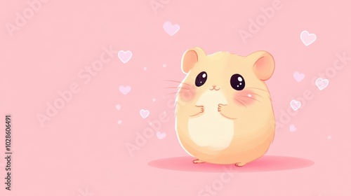 Wallpaper Mural cute hamster with big eyes, blushing with hearts on cheeks, soft pink background, Torontodigital.ca