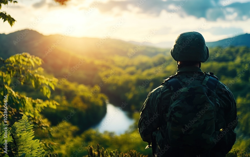 Soldier overlooking a scenic landscape during sunset, embodying tranquility and strength in nature. Soldier overlooking a scenic landscape during sunset, embodying tranquility and strength in nature.
