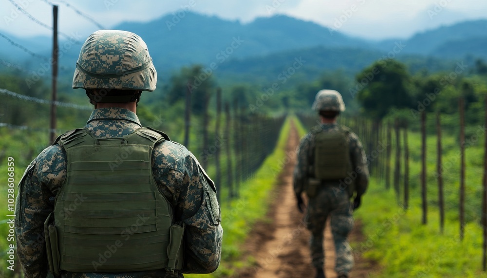 Two soldiers standing guard on a rural path surrounded by lush greenery and mountains in the background. Two soldiers standing guard on a rural path surrounded by lush greenery and mountains in the background.