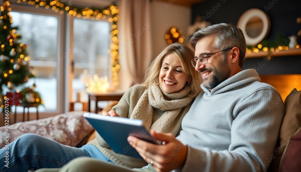 The couple uses the tablet while having a video call with their parents on a cozy winter evening The couple uses the tablet while having a video call with their parents on a cozy winter evening