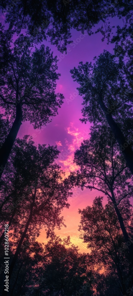 A stunning view of tall trees silhouetted against a vibrant purple and orange sunset sky, creating a serene atmosphere. A stunning view of tall trees silhouetted against a vibrant purple and orange sunset sky, creating a serene atmosphere.