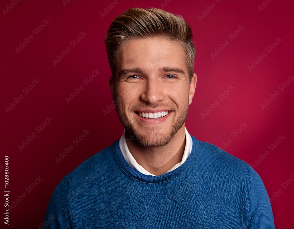 Headshot Portrait of a Smiling Man with Contemporary Style, Isolated on Color Background with Ample Copy Space Headshot Portrait of a Smiling Man with Contemporary Style, Isolated on Color Background with Ample Copy Space