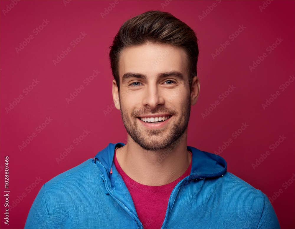 Headshot Portrait of a Smiling Man with Contemporary Style, Isolated on Color Background with Ample Copy Space Headshot Portrait of a Smiling Man with Contemporary Style, Isolated on Color Background with Ample Copy Space