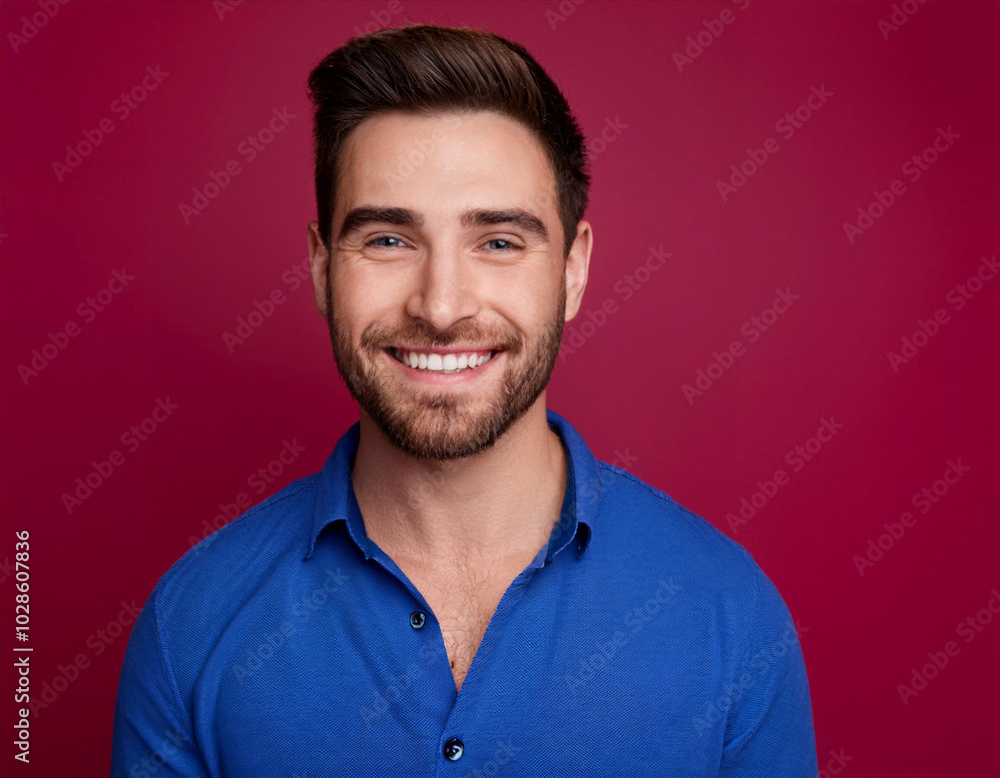 Headshot Portrait of a Smiling Man with Contemporary Style, Isolated on Color Background with Ample Copy Space Headshot Portrait of a Smiling Man with Contemporary Style, Isolated on Color Background with Ample Copy Space