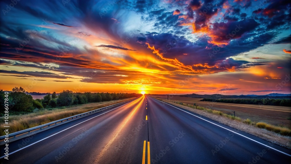 Nighttime highway drive with sunset sky and leading lines Nighttime highway drive with sunset sky and leading lines