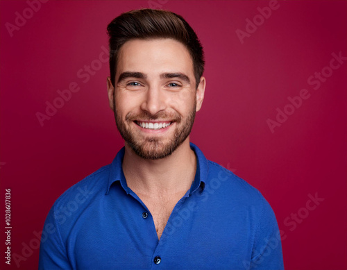 Headshot Portrait of a Smiling Man with Contemporary Style, Isolated on Color Background with Ample Copy Space