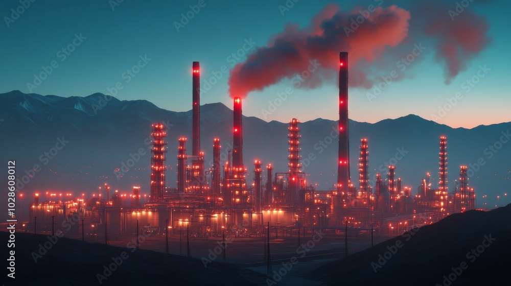 Obraz premium Huge futuristic oil and gas industrial factory with red lights at night.
